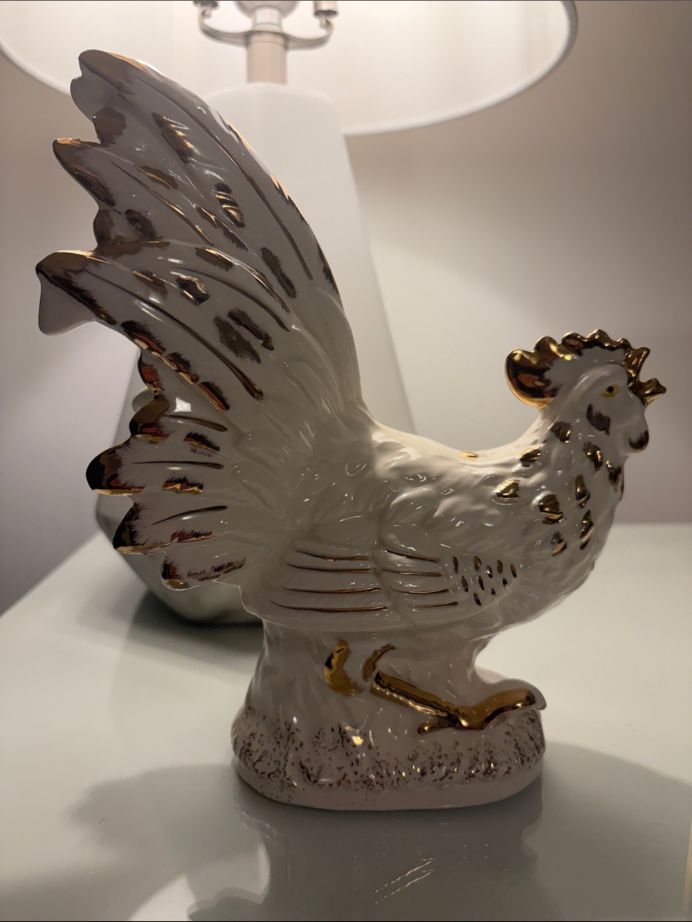 Vintage MCM Ceramic White & Gold Rooster Figurine Japan 8"